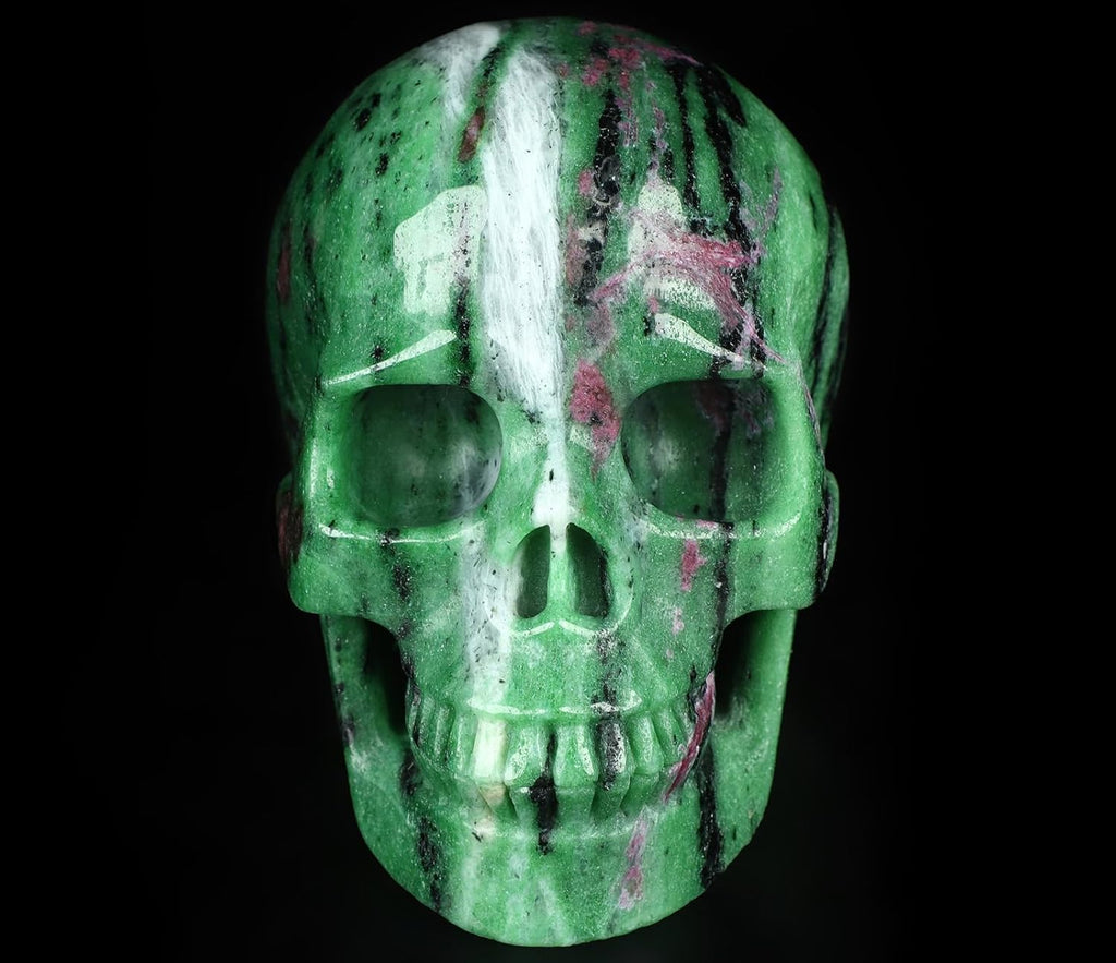 Skullis 5.1" Ruby Zoisite Crystal Skull, Hand Carved Gemstone Fine Art Sculpture, Reiki Healing Stone Statue.1473