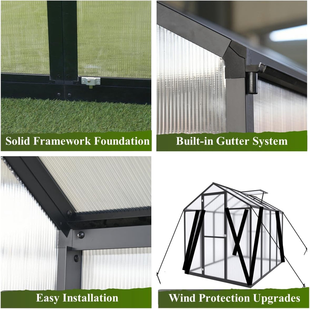 10*14*8.7FT Greenhouse for Outdoors,Polycarbonate Greenhouse with Stronger Wind Protection and Roof Vent,Walk-in Large Aluminum Sunroom Winter Proof,Black