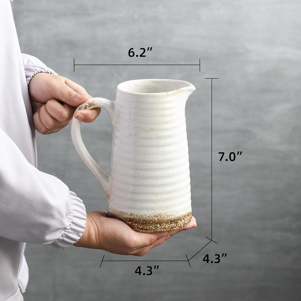 Quoowiit Ceramic Rustic Vase with Handle, White Distressed Decorative Farmhouse Pitcher Vase for Home Decor Living Room Bedroom Kitchen Office Shelf Decor Centerpiece Table Decoration