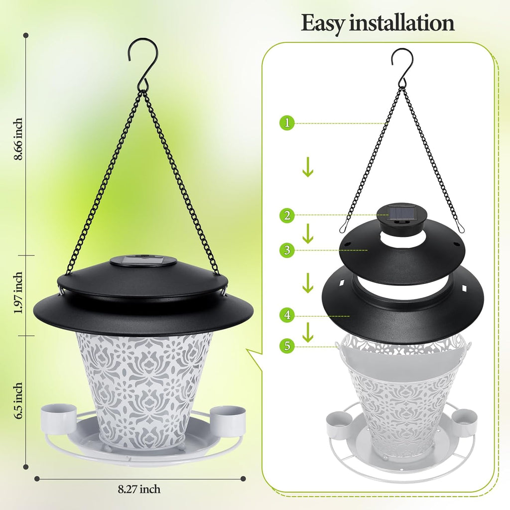 Solar Bird Feeders for Outside Hanging Metal Wild Bird Feeder Solar Lanterns Outdoor Waterproof Garden Decor for Yard White