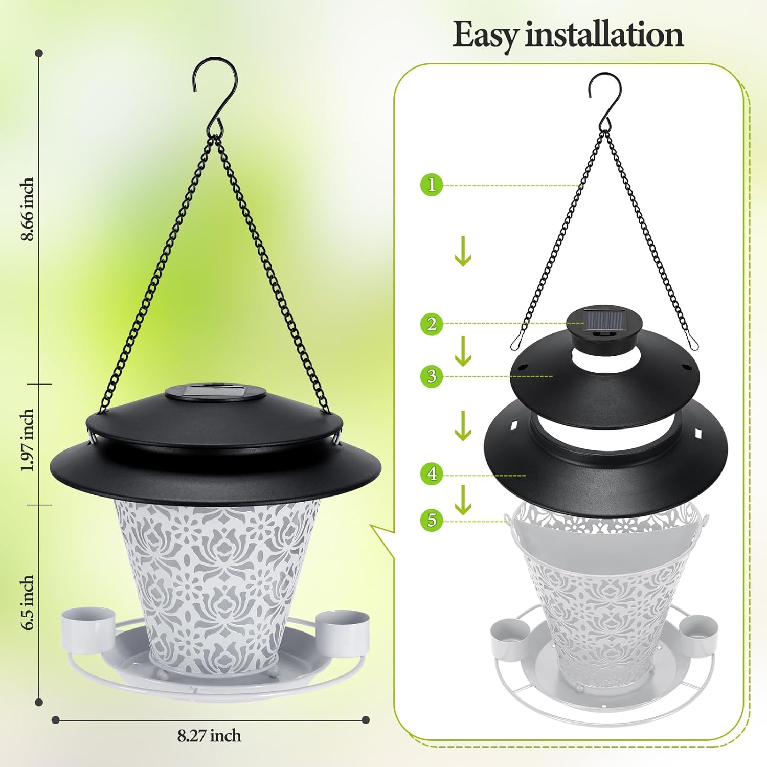 Solar Bird Feeders for Outside Hanging Metal Wild Bird Feeder Solar Lanterns Outdoor Waterproof Garden Decor for Yard White