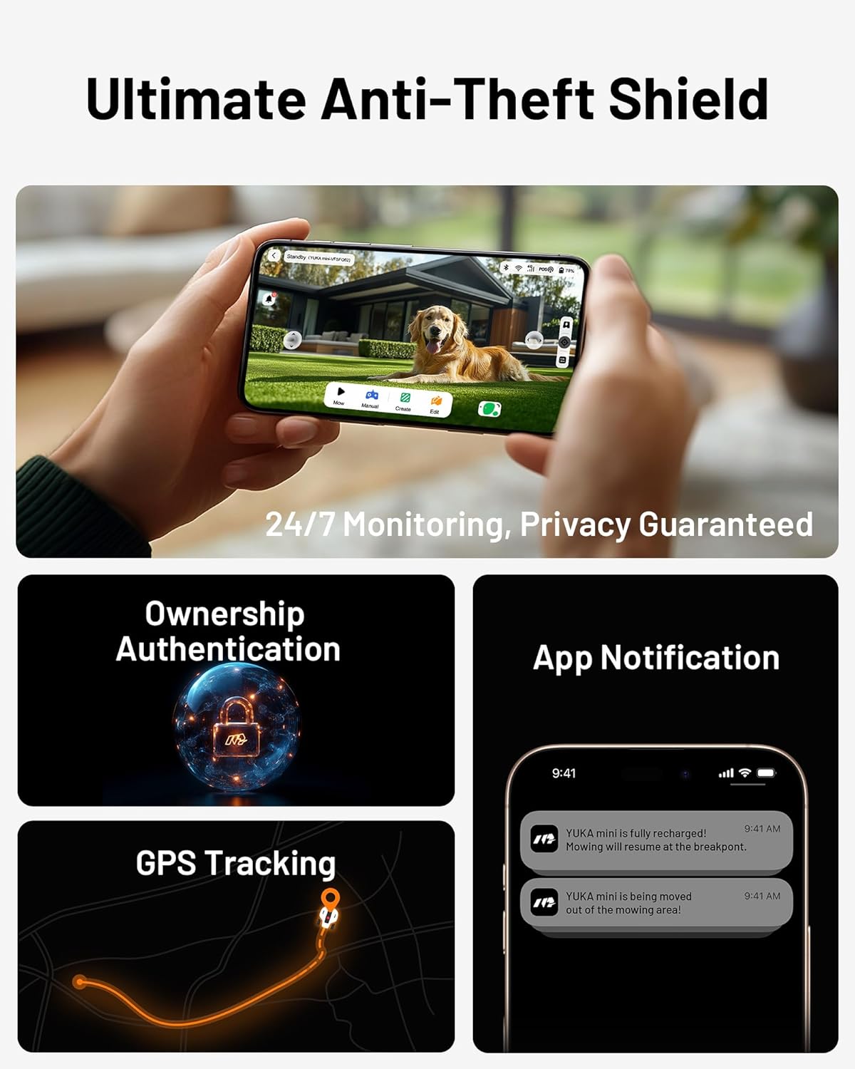 YUKA Mini 500 Robotic Lawn Mower for 0.12 Acre,Ultrasense AI Vision+ RTK Positioning, Auto Mapping, App Control,50% Slope,Perimeter Wire Free, 15 Mowing Zones Management