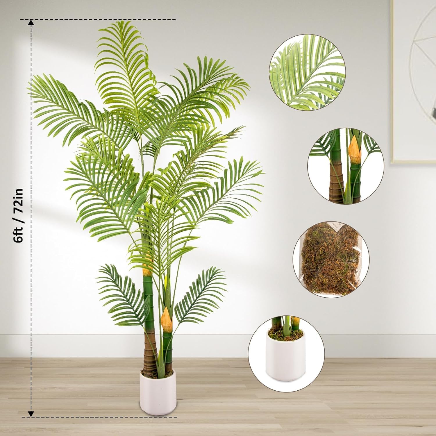 Artificial Fake Palm Tree 6FT 1Pack with White Planter & Free Moss, UV Resistant Artificial Palm Tree for Outdoors, Fake Plants for Poolside Home Room Decor, Faux Plants Outdoor Decor