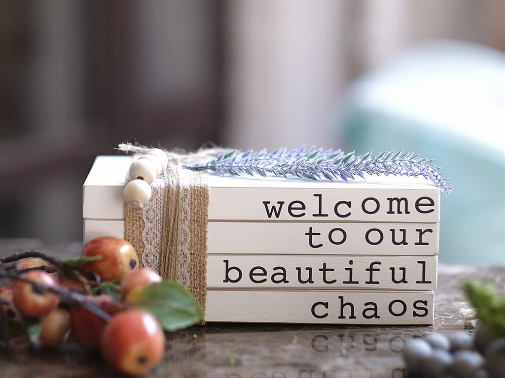 Lavender Inspired Welcome to Our Beautiful Chaos - Rustic Farmhouse Stacked Books - Set of 4 Wooden Book Bundle - Farmhouse Home Decor - Housewarming Gift