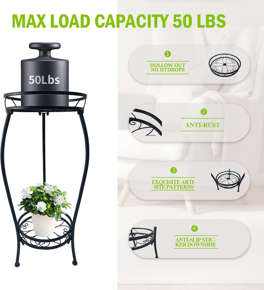 Plant Stand Indoor Outdoor 2 Tier 27.1 inch Tall Black Metal Rustproof Stable Plant Stands Multiple Plant Round Supports Rack for Planter Corner Garden Balcony Patio