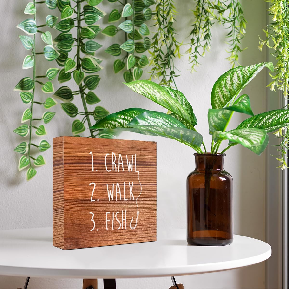 Brown Country Crawl Walk Fish Rustic Wooden Sign Desk Decor,Funny Baby Fishing Wood Block Sign Desk Decorations for Home Bedroom Baby Room Shelf Table Decor