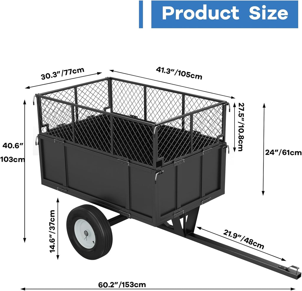 750 Lbs Capacity ATV/UTV Dump Trailer – 15 Cu. Ft. Heavy-Duty Steel Utility Cart with Removable Sides, Universal Hitch, Hand/Foot Lever Dump, for Lawn Tractor & Riding Mower