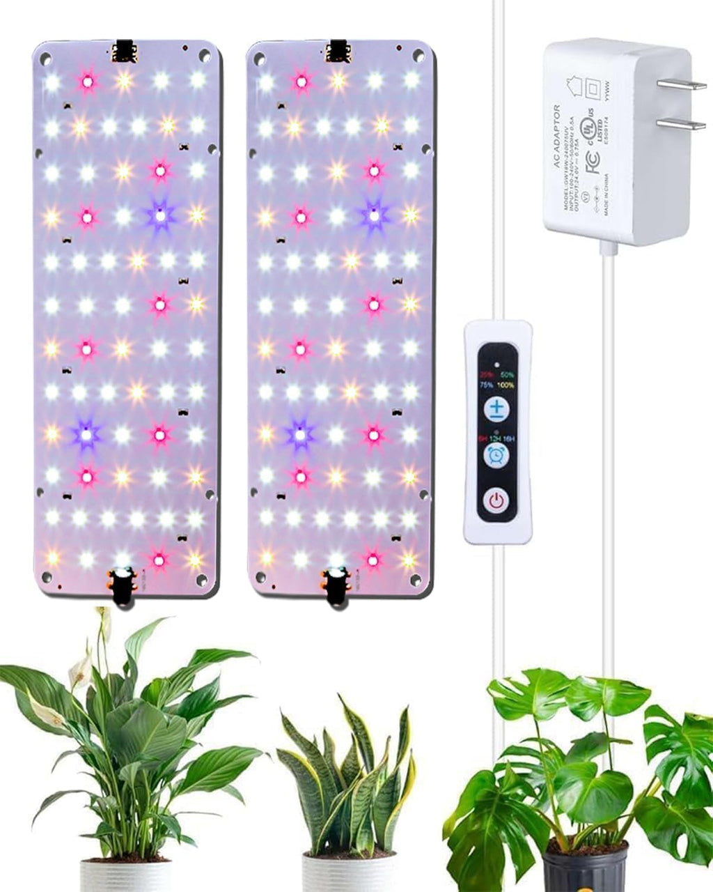DOMMIA Grow Light, 20W Ultra-Thin Panel Grow Lights for Indoor Plants, High PPFD Full Spectrum, Dimmable, 6/12/16H Timer Auto on/Off, Suitable for Indoor Growing, Pinkish White 2-Pack