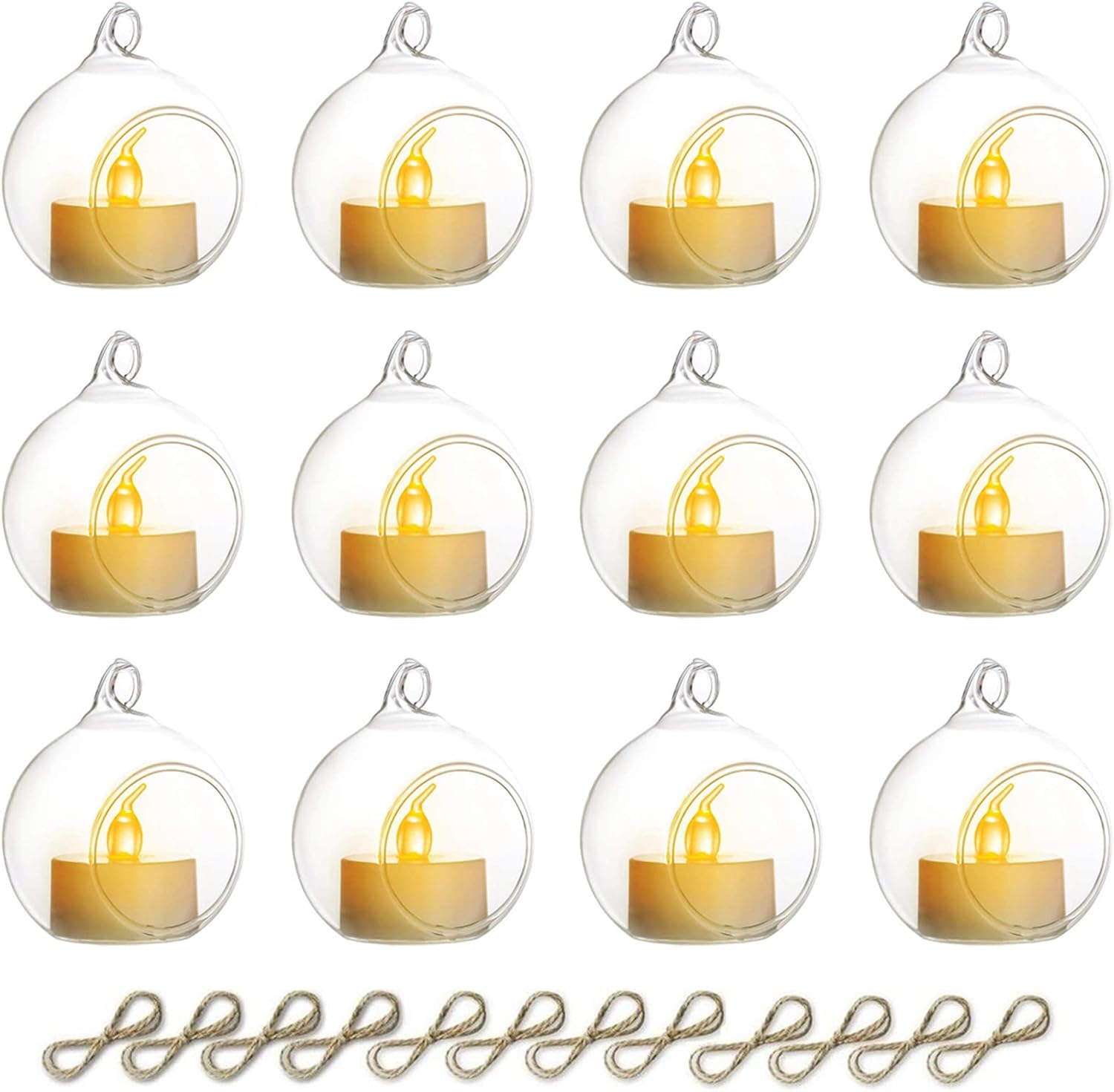 NUPTIO Hanging Glass Globe with Candles: Set of 12 Tealight Candle Holders with LED Tea Lights - 2.36 inch Bulk Clear Votive Candleholders for Party Wedding Birthday Shower Celebration Tree Decoration