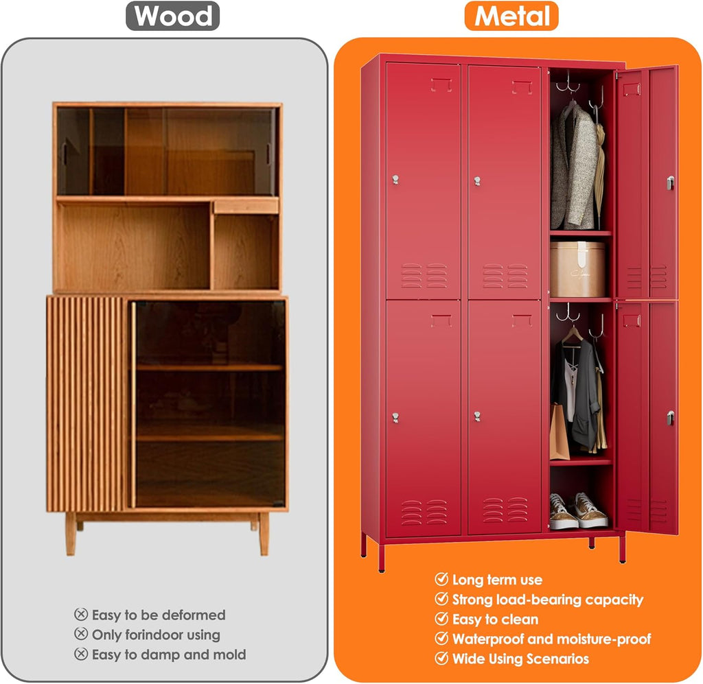 METAN Metal Locker for School Office Gym Bedroom,6 Doors Steel Storage Lockers Cabinet for Employees,Industrial Storage with 1 Shelf,Assembly Required,Red