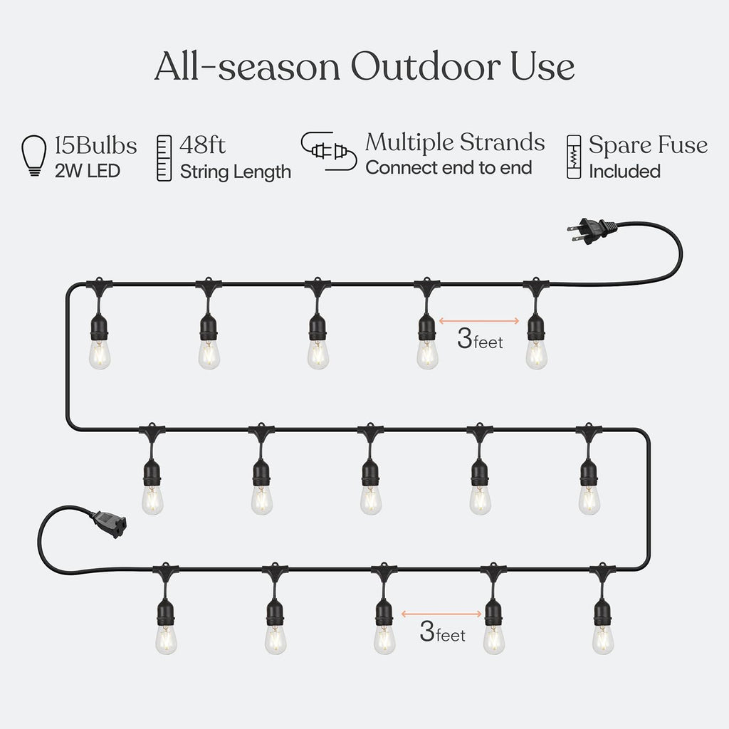 Brightech Ambience Pro - Waterproof LED Outdoor String Lights - 15 Hanging, Dimmable 2W Vintage Edison Bulbs - 48 Ft Commercial Grade Patio Lights Create Cafe Ambience in Your Backyard