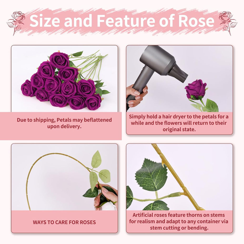 102 PCS Fake Roses Artificial Flowers Bulk, Purple Roses Bridal Bouquet Silk Faux Rose with Stems for Wedding Flowers Decoration, Valentine's Day, Bridal Bouquet,Anniversary,Home Decor (102PCS,Purple)