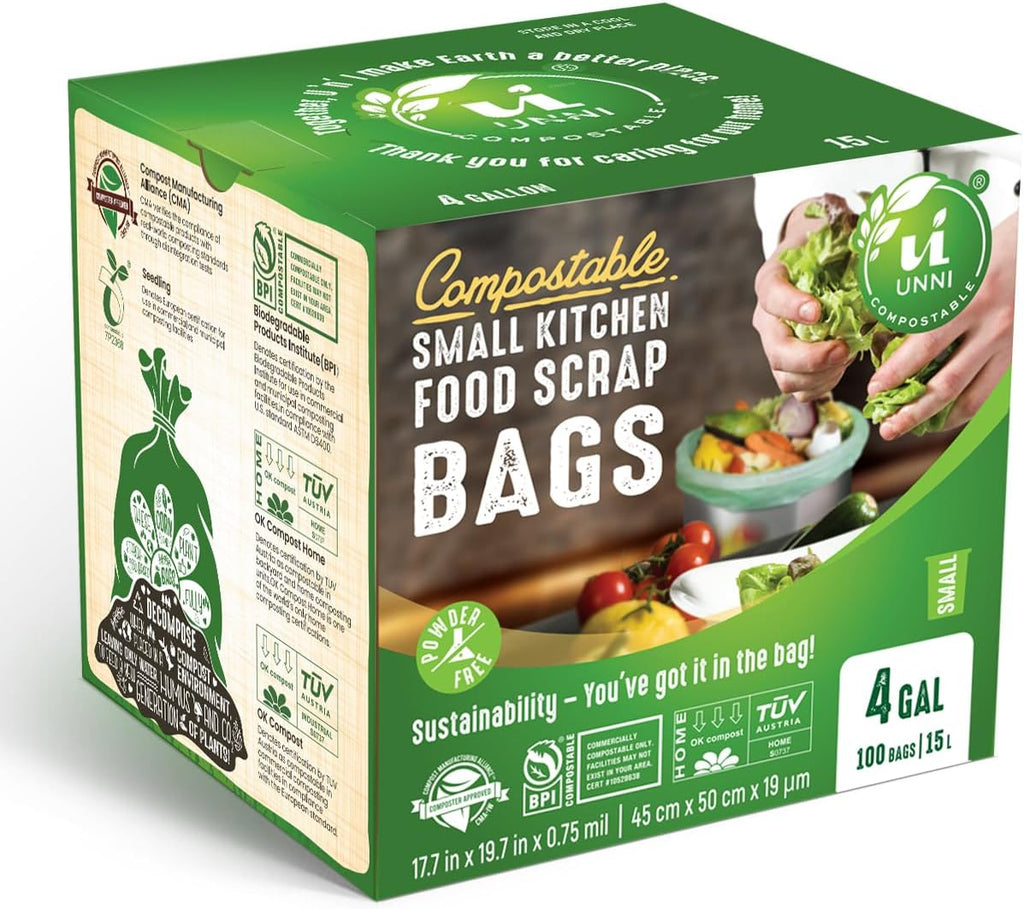 UNNI Compostable Trash Bags, 4 Gallon / 15 Liter, 200 Count, Extra Thick 0.75 mil Small Kitchen Food Scrap Bin Liners, BPI, CMA & OK compost HOME Certified (Meets ASTM D6400)