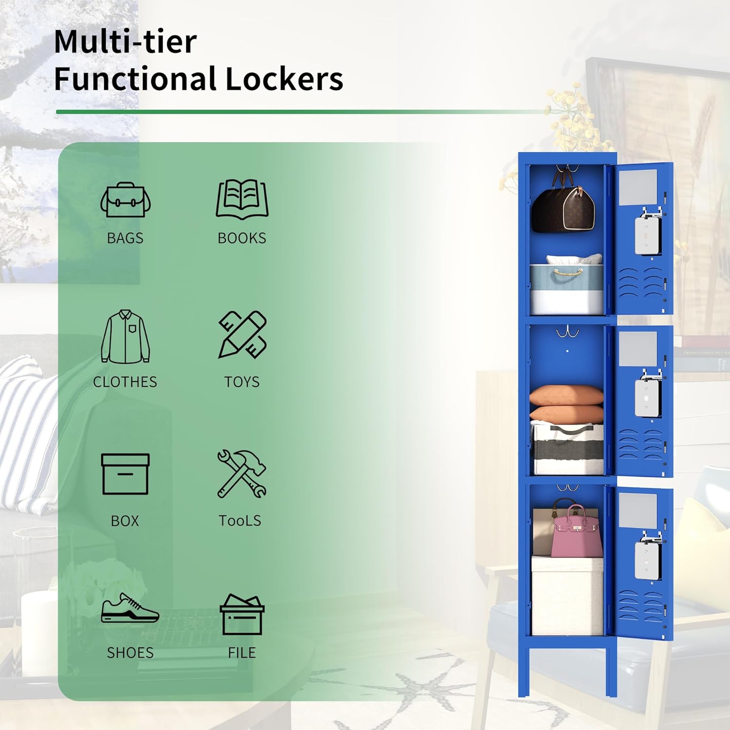 Metal Lockers for Employees, Storage Employee Locker, Storage Lockers with Shelves Steel Cabinet for Home (Blue, 3 Door)