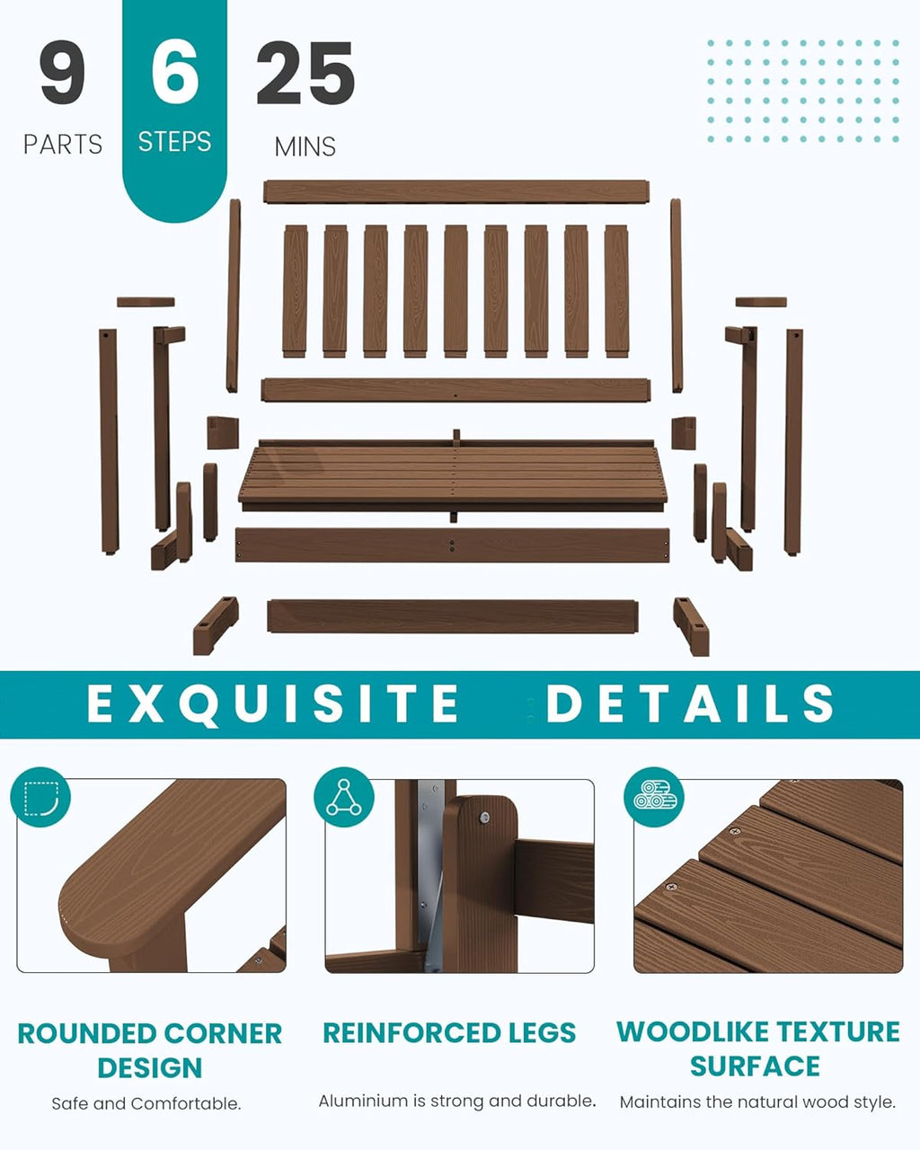 SERWALL Outdoor Glider Bench Set of 2, HDPE Weather-Resistant Swinging Bench for Backyard Garden Porch, Brown