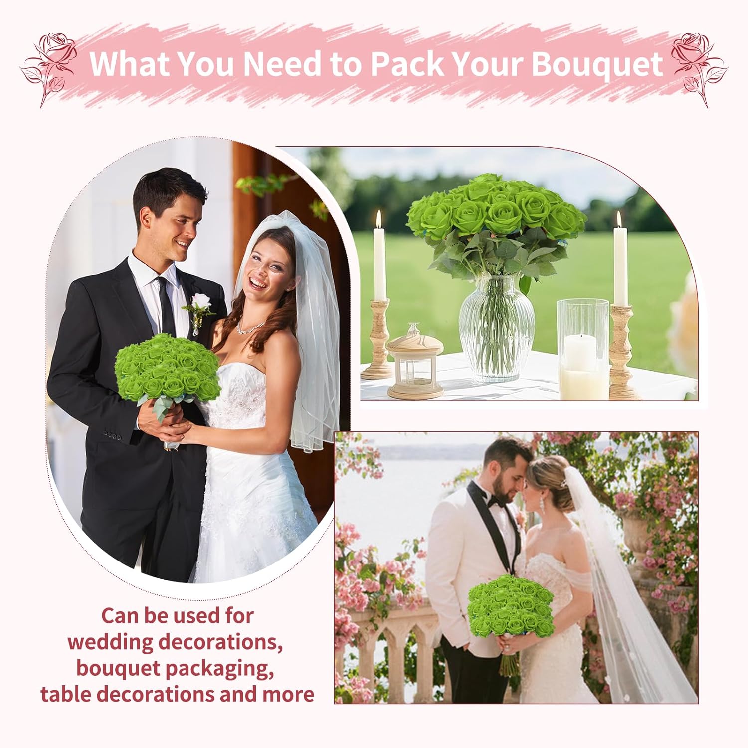 102 PCS Fake Roses Artificial Flowers Bulk, Green Roses Bridal Bouquet Silk Faux Rose with Stems for Wedding Flowers Decoration, Valentine's Day, Bridal Bouquet, Anniversary,Home Decor (102PCS, Green)