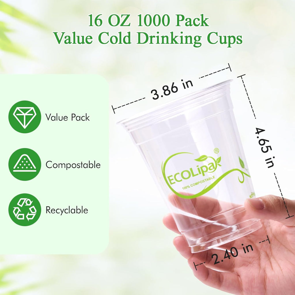 ECOLipak 1000 Count 16 OZ Clear Compostable Plastic Cups, Disposable Plant-Based Biodegradable Drinking Party Cups, PLA Plastic Cold Tumblers for Restaurant, Office, Canteen, Large Gathering