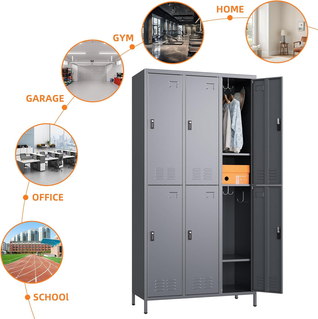 6 Doors Metal Lockers for Employees with Combination Locks and 6 Shelves, Storage Locker with 18 Hooks and Business Card Holder for Office Gym School Bedroom, Assembly Required, Dark Gray