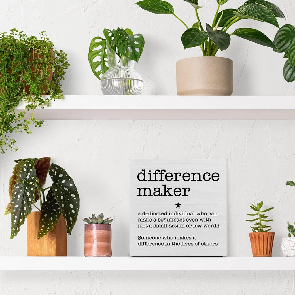 PIXCEOS Difference Maker Definition Decorative Wooden Box Sign Thank You Appreciation Gift for Teacher Boss Leader Coworker Wood Block Plaque Desk Decor Office Shelf or Wall Display