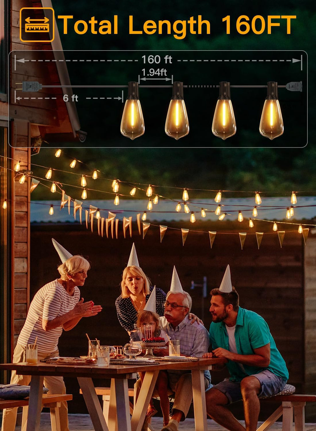 Ollny Outdoor String Lights 160FT, Shatterproof Connectable Patio Lights with 80+4 Spare ST38 Vintage Bulbs, 2200K Warm White Waterproof Outside Hanging Light for Yard Camping Gazebo Porch Balcony