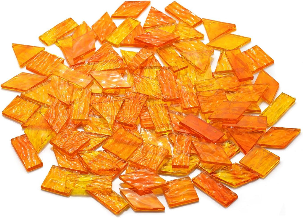 Large Textured Transparent Glass Mosaic Tiles, 200G Vibrant 4 Shapes Stained Pieces for DIY Crafts Bulk, 70pcs for Art Decor, Pumpkin