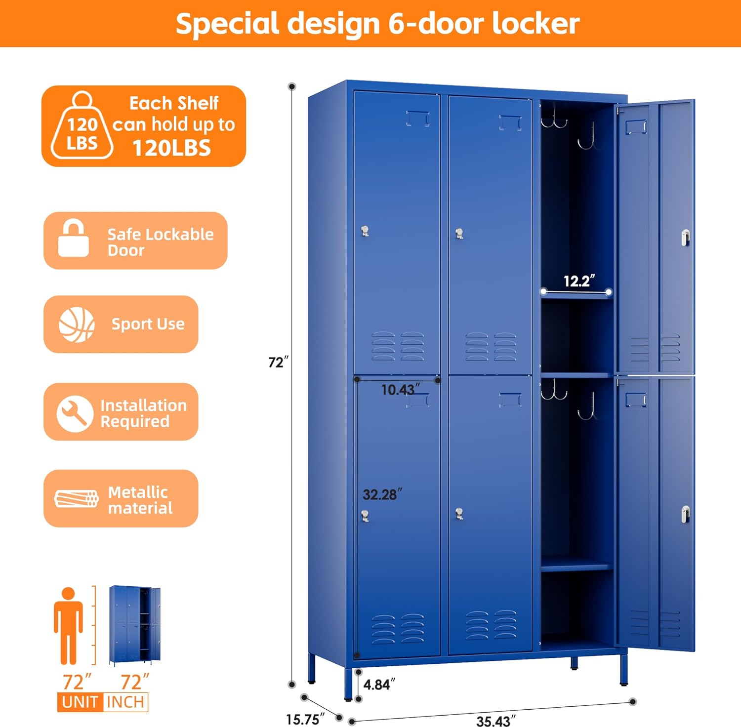 6 Doors Metal Lockers for Employees with 6 Shelves and 18 Hooks, Storage Locker with Business Card Holder for Office Gym School Bedroom, Assembly Required, Blue