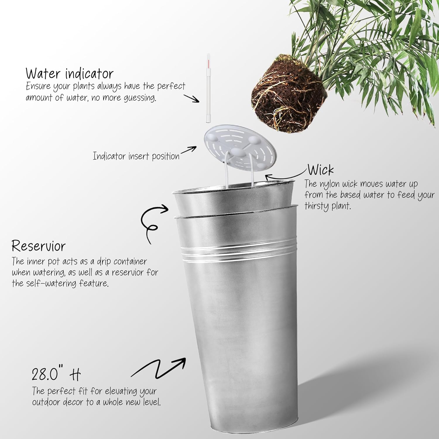 KOL 28'' Tall Galvanized Steel Planter Pot - Flower Pot with Water Level Indicator for Plants - 2-Pack Self Watering Planters - Round Silver Powder Metal Planter Box - Indoor Outdoor Grande Plant