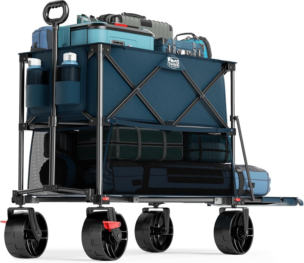 TIMBER RIDGE 400L Large Capacity Folding Double Decker Wagon with Brakes, 54" Extra Long Extender Wagon Cart, 660lbs Heavy Duty Collapsible Cart, All-Terrain Big Wheels for Camping, Sports, Shopping