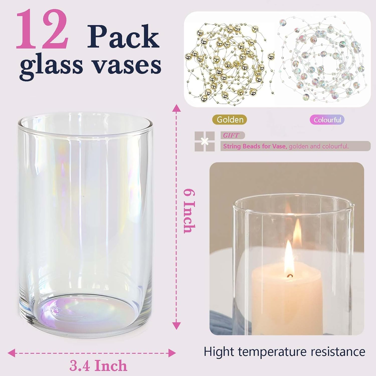 12pc Glass Cylinder Bud Vases for Centerpieces,6 inch Tall Irised Crystal Clear Flower Vases in Bulk,Hurricane Glass Candle Holders for Table Centerpiece Formal Dinners Home Decor