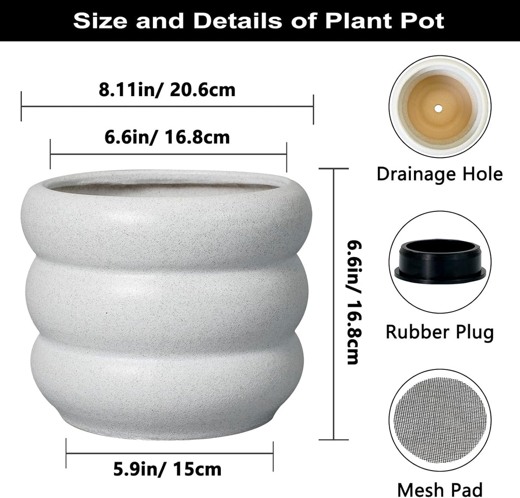 SQOWL Ceramic Planter for Indoor Plants - 8 Inch Plant Pot with Drainage Hole Outdoor Flower Pot Modern Round Planter Medium Plant Pot for Garden Office Decor White