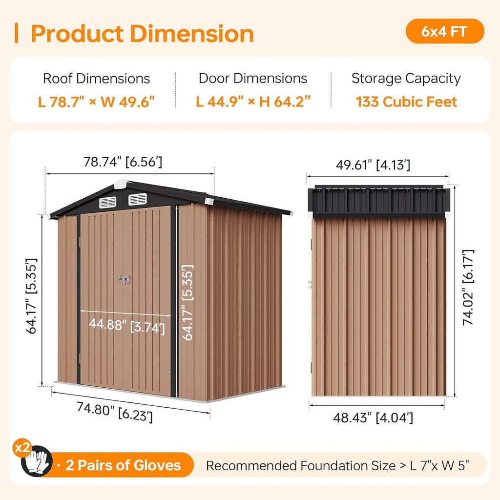 6x4 FT Outdoor Storage Shed with Base, Metal Garden Tool Shed with Sloping Roof & Lockable Door for Patio Lawn Backyard (Brown with Base)
