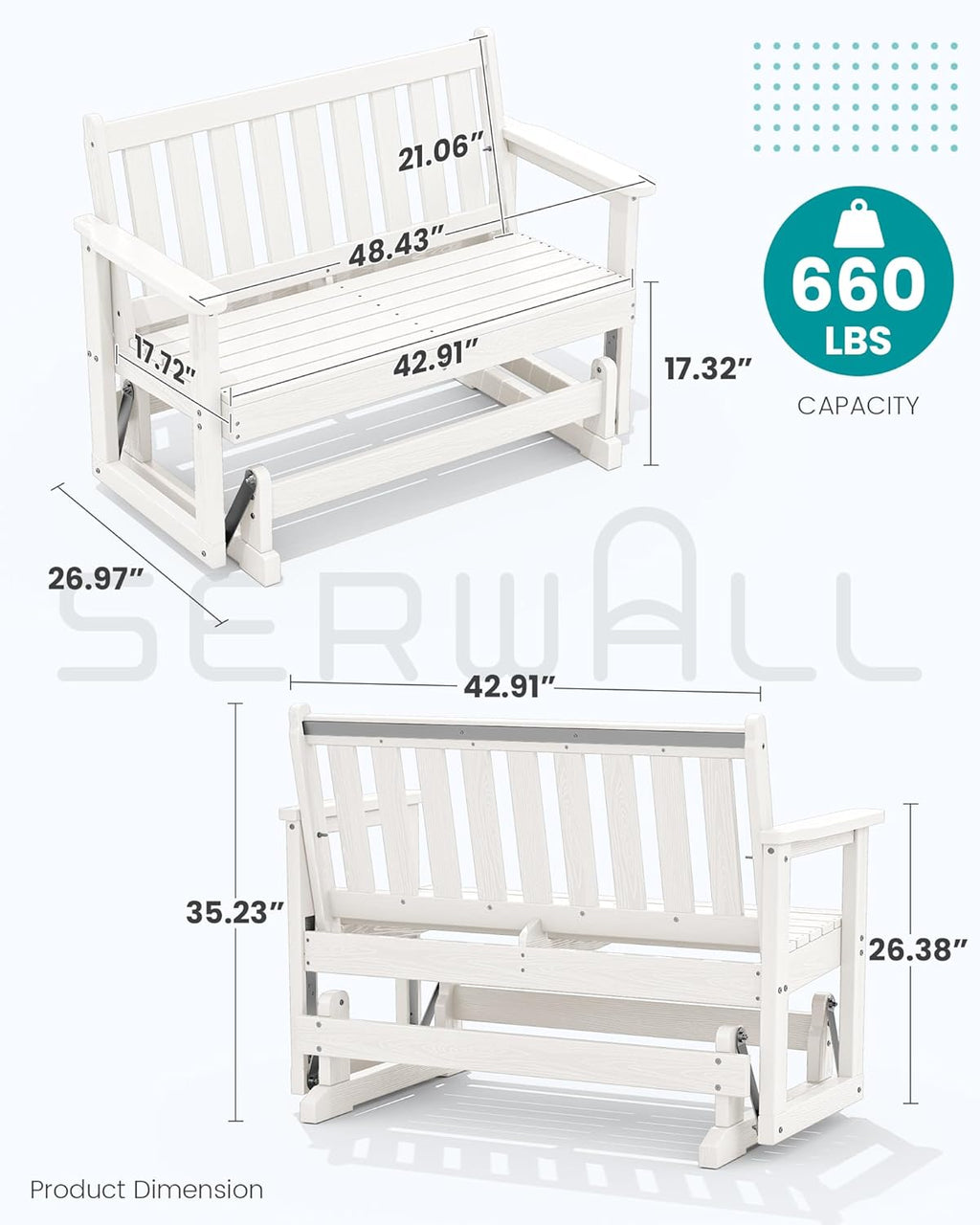 SERWALL Outdoor Glider Bench Set of 2, HDPE Weather-Resistant Swinging Bench for Backyard Garden Porch, White