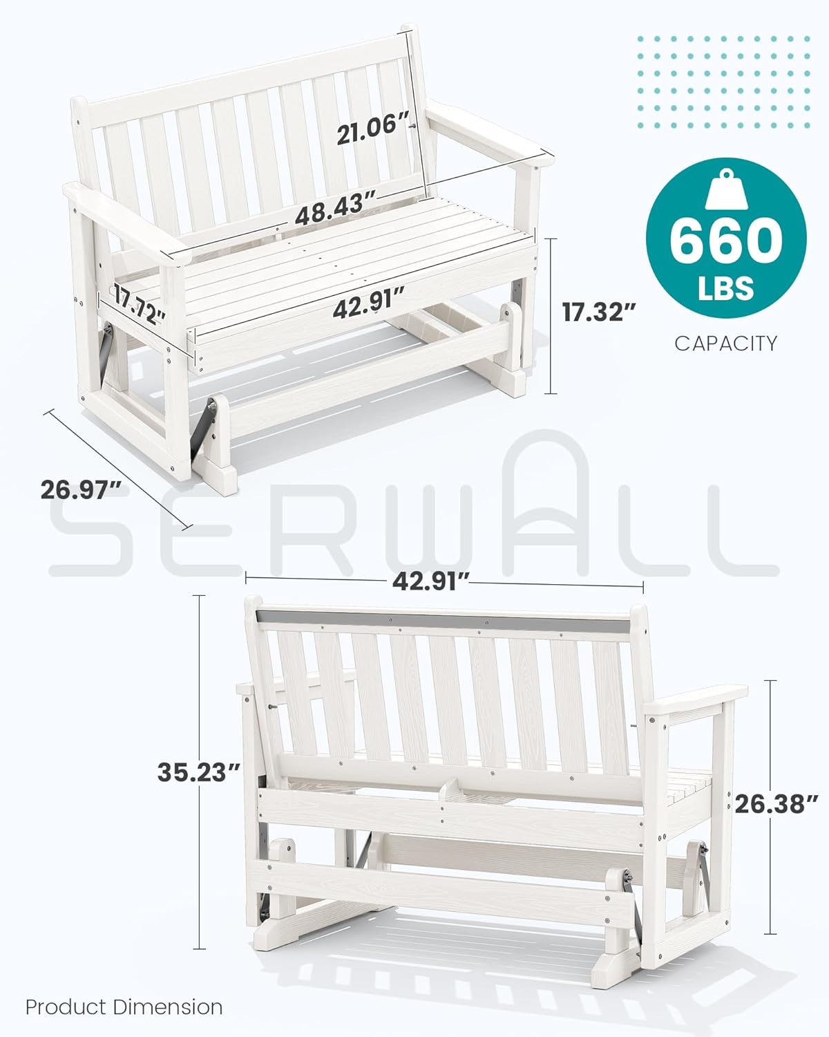 SERWALL Outdoor Glider Bench Set of 2, HDPE Weather-Resistant Swinging Bench for Backyard Garden Porch, White