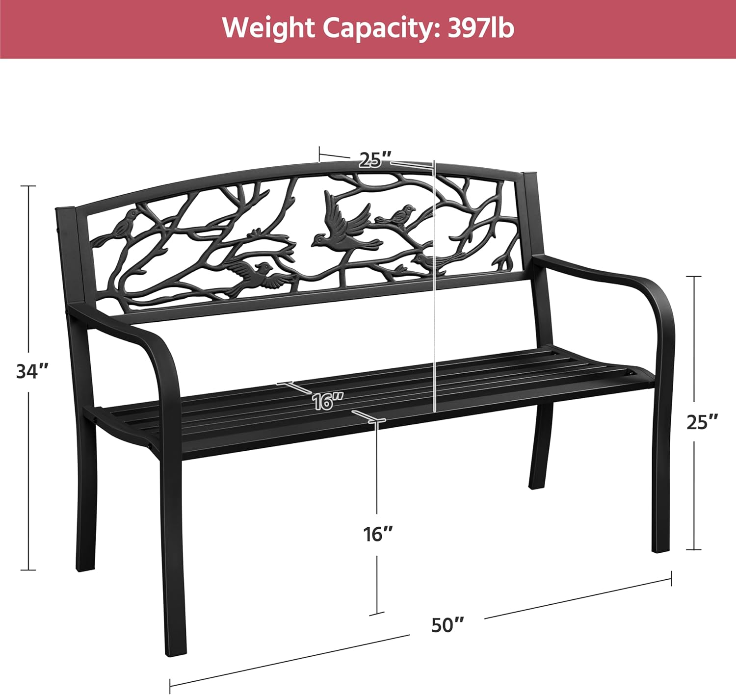 Yaheetech Outdoor Garden Bench Patio Furniture Chair Outdoor with Vintage Bird Pattern Backrest, Slatted Seat, Antique Metal Bench for Yard & Porch & Park, Black