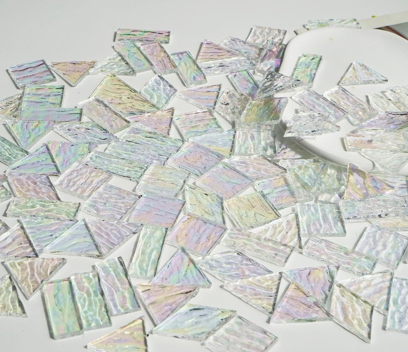 Iridescent Textured Cathedral Glass Mosaic Tiles, 200g Transparent Stained Glass Pieces for Mosaic Art, Pre-Cut for Handmade Crafts, Clear