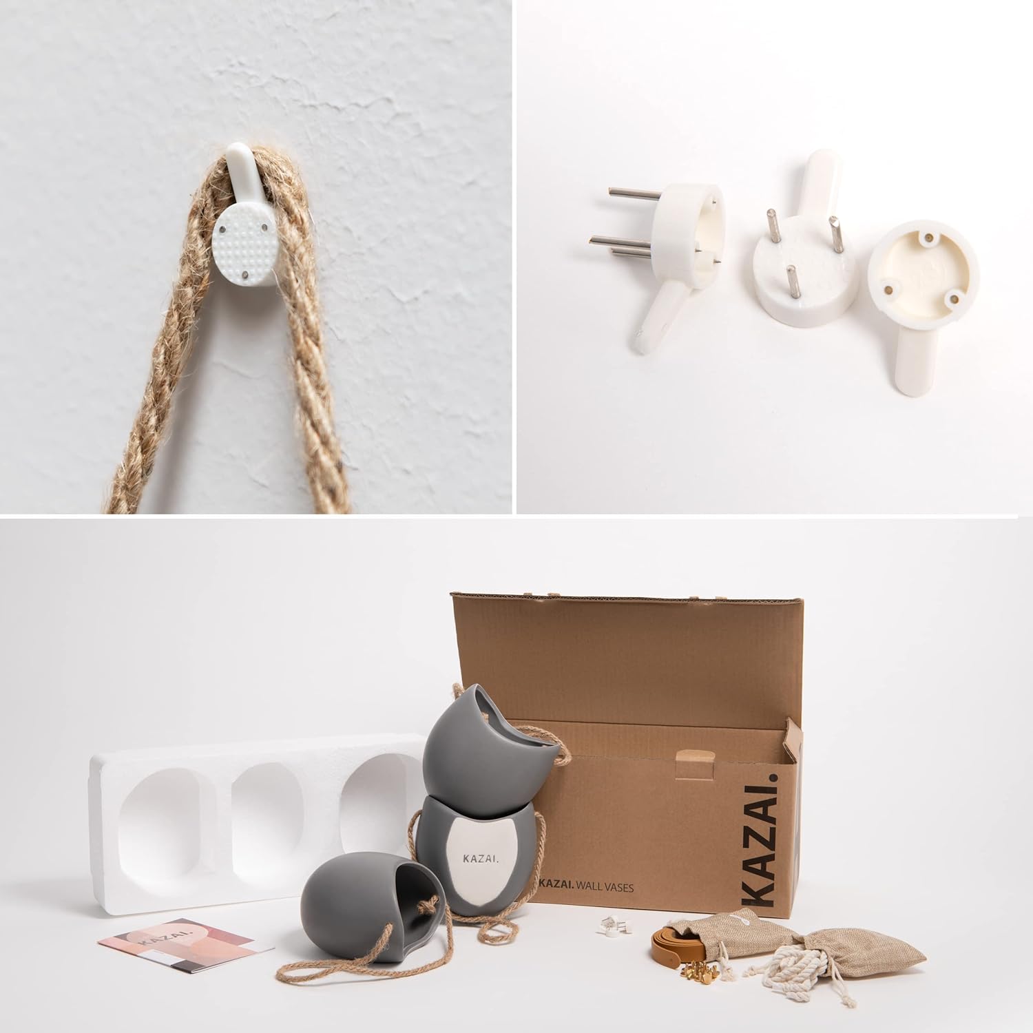 Kazai. Wall Planters -Ellie- | Hanging Ceramic Plant Pots 3 Pieces | Wall Decoration for Indoors, Balcony and Garden | Grey (Matte)