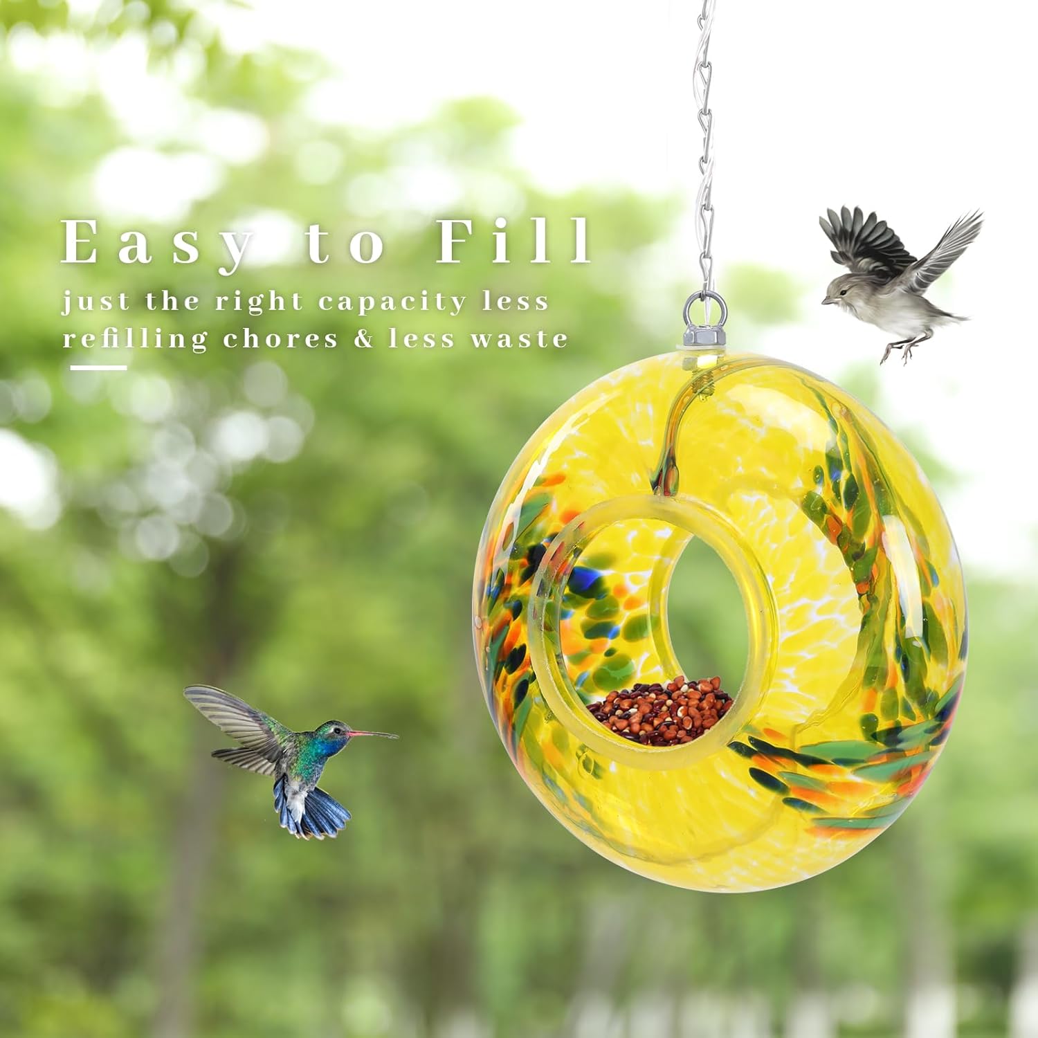 VCUTEKA Bird Feeder Solar Fly Through Bird Feeders for Outside Hanging with Round Shape Glass Container to Attract Wild Birds for Garden Decor, Yellow 8"