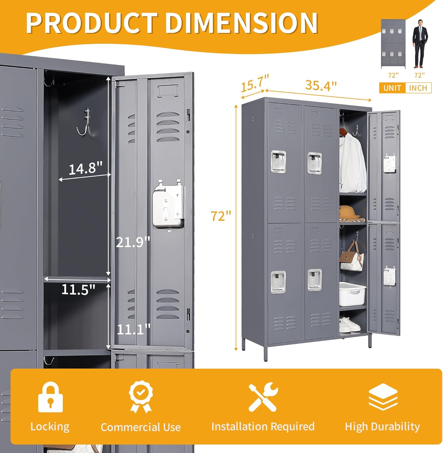 Metal Lockers for Employees, Storage Employee Locker, 72" Storage Lockers with Shelves Steel Cabinet for Home (Gray, 6 door-72'')