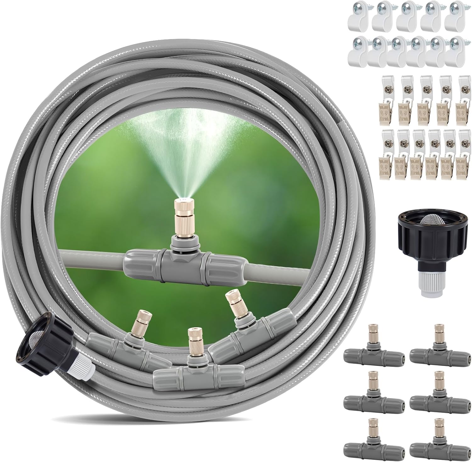 30 Pcs Misting Cooling System, Outdoor Misting System for Patio, 25 FT Misting Line Plastic Adapter, Outdoor Mister System for Patio, Garden, Trampoline, Greenhouse