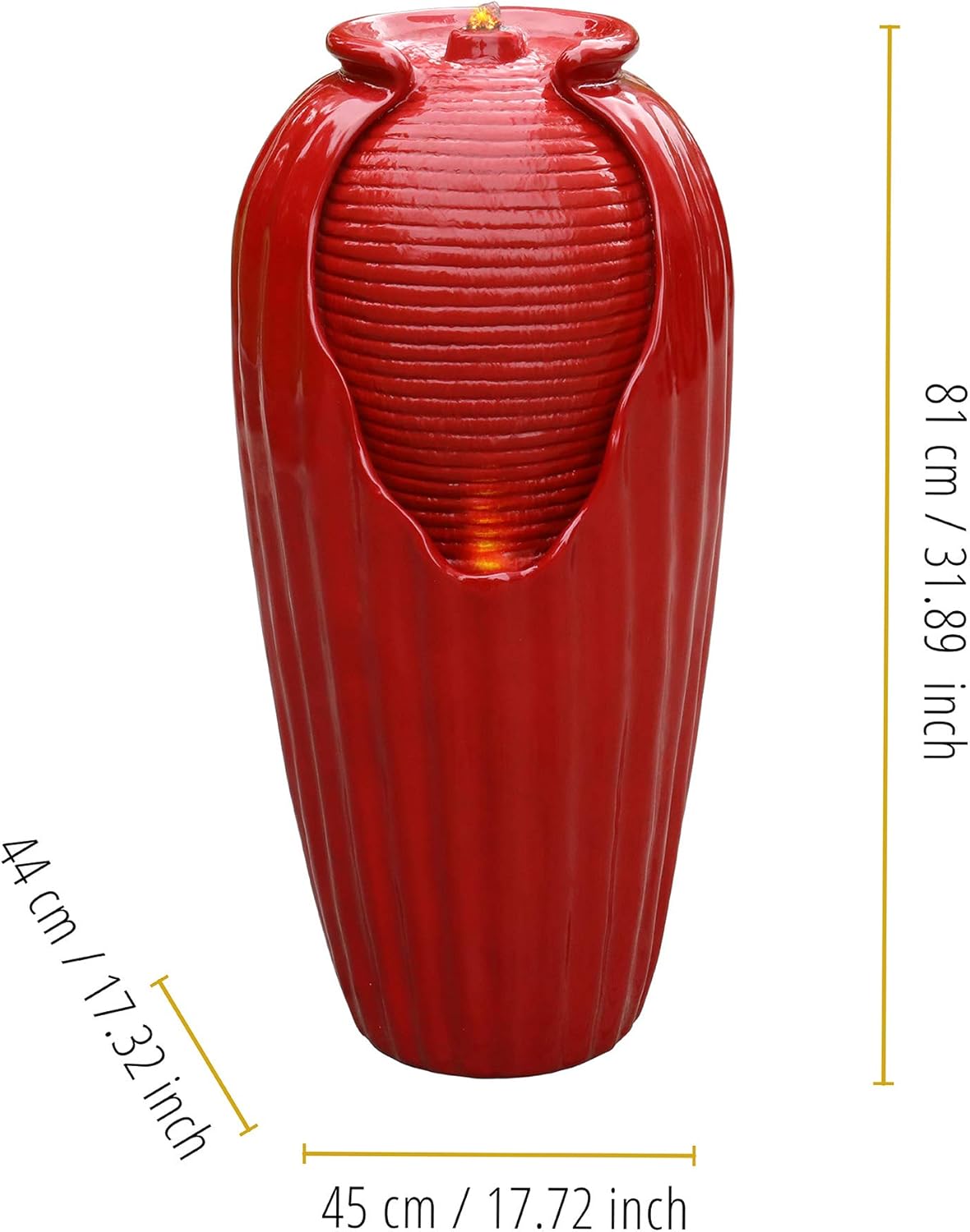 Teamson Home Glazed Vase Floor Freestanding Water Fountain with LED Lights and Pump for Outdoor Patio Backyard Deck Plant Garden Décor, 32 Inch Height, Red
