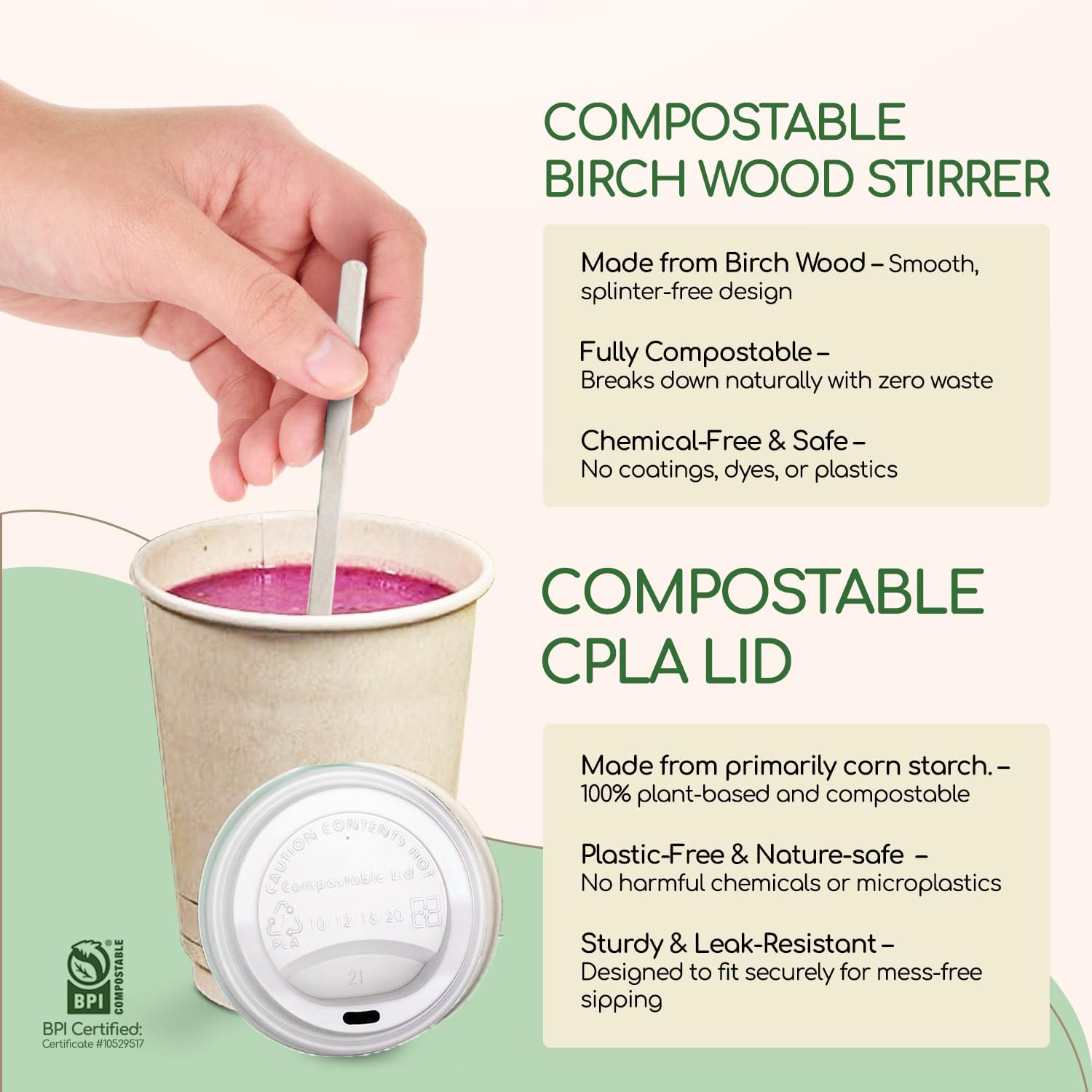 Living Balance Certified Compostable Coffee Cups with Lids 12 oz – 100 Pack Cups with Stirrers & Integrated Sleeves | Leak Proof, BPA-Free & PLA Certified Plant-based | To-Go cup for Hot & Cold Drinks