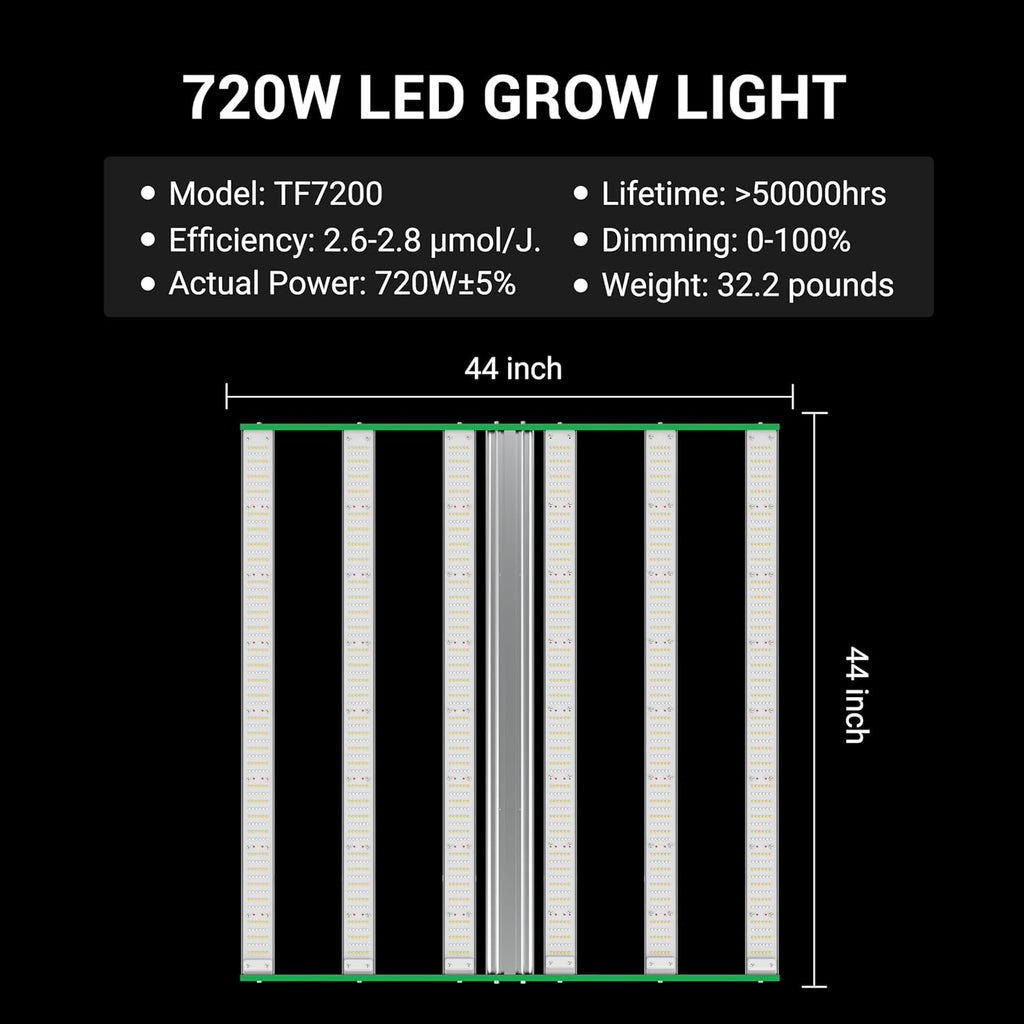 RDJ Bouns 720W LED Grow Light for 4x4/5x5 Grow Tent, Wide Body 6 Bar 100V-277V LM281B+ and EPI Diodes, Full Spectrum, Overall Size 44" x 44", Daisy Chain Dimmable, Perfect for Indoor Garden