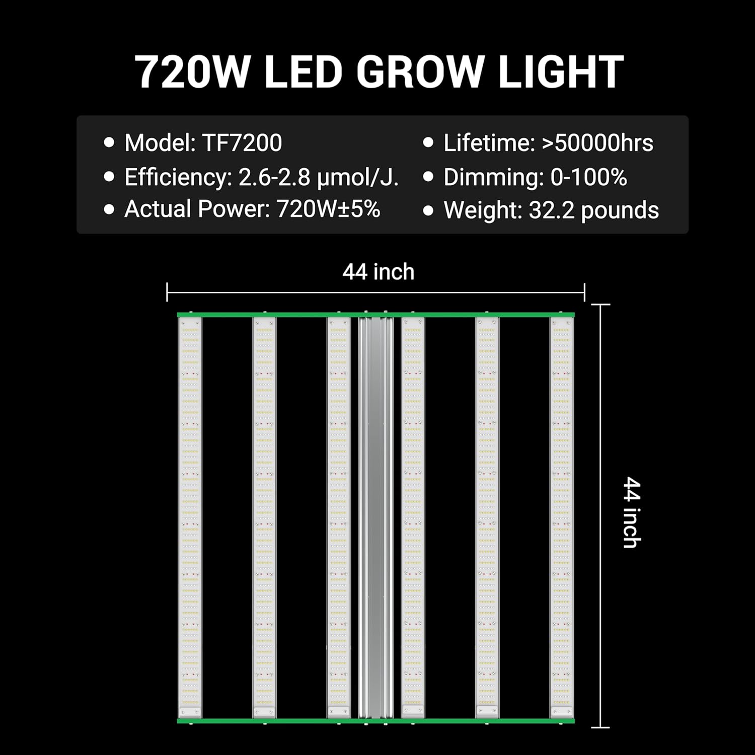 RDJ Bouns 720W LED Grow Light for 4x4/5x5 Grow Tent, Wide Body 6 Bar 100V-277V LM281B+ and EPI Diodes, Full Spectrum, Overall Size 44" x 44", Daisy Chain Dimmable, Perfect for Indoor Garden