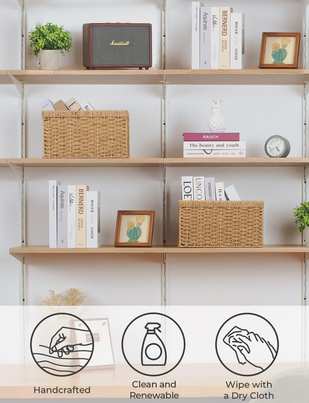 StorageWorks Round Paper Rope Storage Baskets, Rectangular Wicker Baskets with Built-in Handles, Medium, 13 ¼ x 8 ½ x 7 ¼ inches, 2-Pack