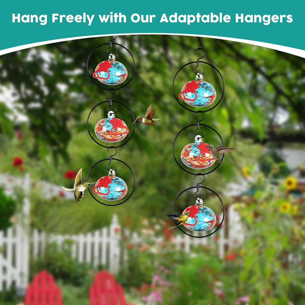 Flexible 6-Circular Hummingbird feeders for Outdoors Hanging Ant and Bee Proof,Hand Blown Glass Hummingbird Feeder with 6 Adjustable Silicone Perch(Blue)