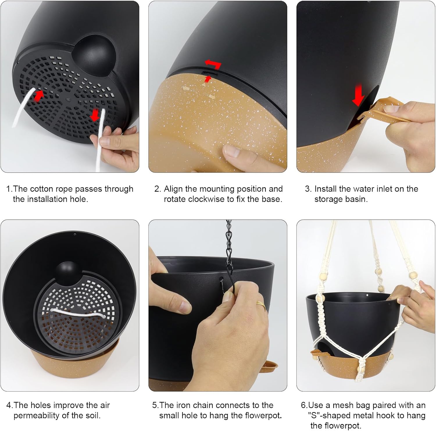 10 inch Self Watering Hanging Planters, 2 Pack Hanging Flower Pots for Indoor Outdoor Plants, Hanging Baskets with Drainage Holes & 2 Kinds of Plant Hangers for Garden Home Decor, Black Brown