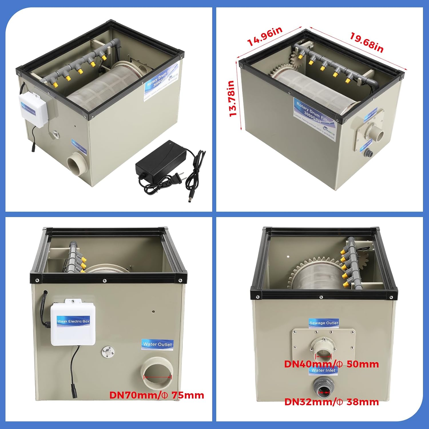 Rotary Drum Filter-3000GPH Canister Filter AC110-240V RDF Fully Automatic Water Self-Cleaning Filtration for Koi Pond,Fish Pond,Aquarium,Fish Farm,Seedling Cultivation Base,Aquaculture,Hydroponics