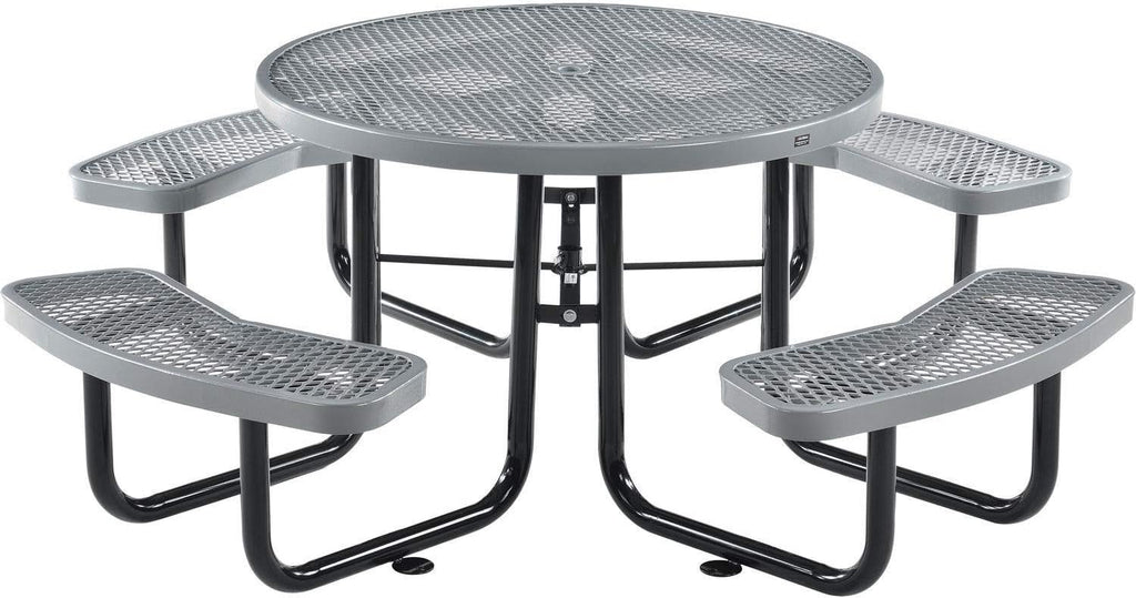 Global Industrial 46" Round Picnic Table, Expanded Metal, Gray Thermoplastic Coating, Attached Benches, 1-1/2” Umbrella Pole Hole, Outdoor-Rated, 1000 lb Capacity