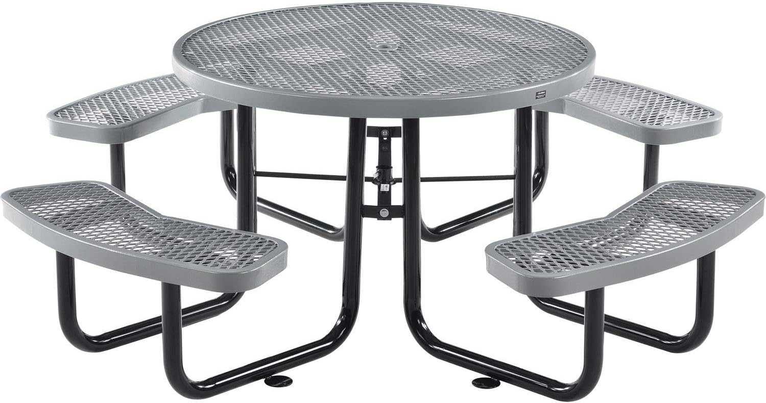 Global Industrial 46" Round Picnic Table, Expanded Metal, Gray Thermoplastic Coating, Attached Benches, 1-1/2” Umbrella Pole Hole, Outdoor-Rated, 1000 lb Capacity