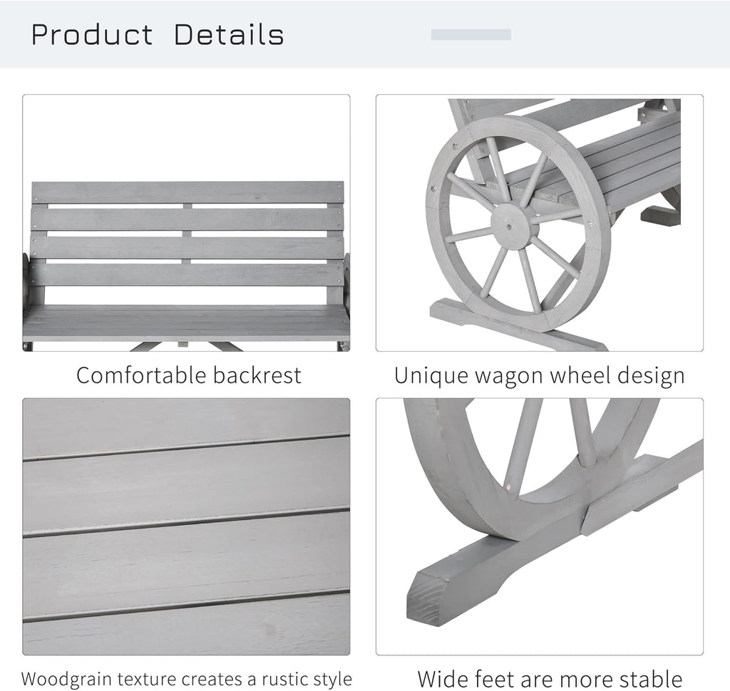 Outsunny 41" Wooden Wagon Wheel Bench, Rustic Outdoor Patio Weather Resistance Furniture, 2-Person Slatted Seat Bench with Backrest, Light Gray